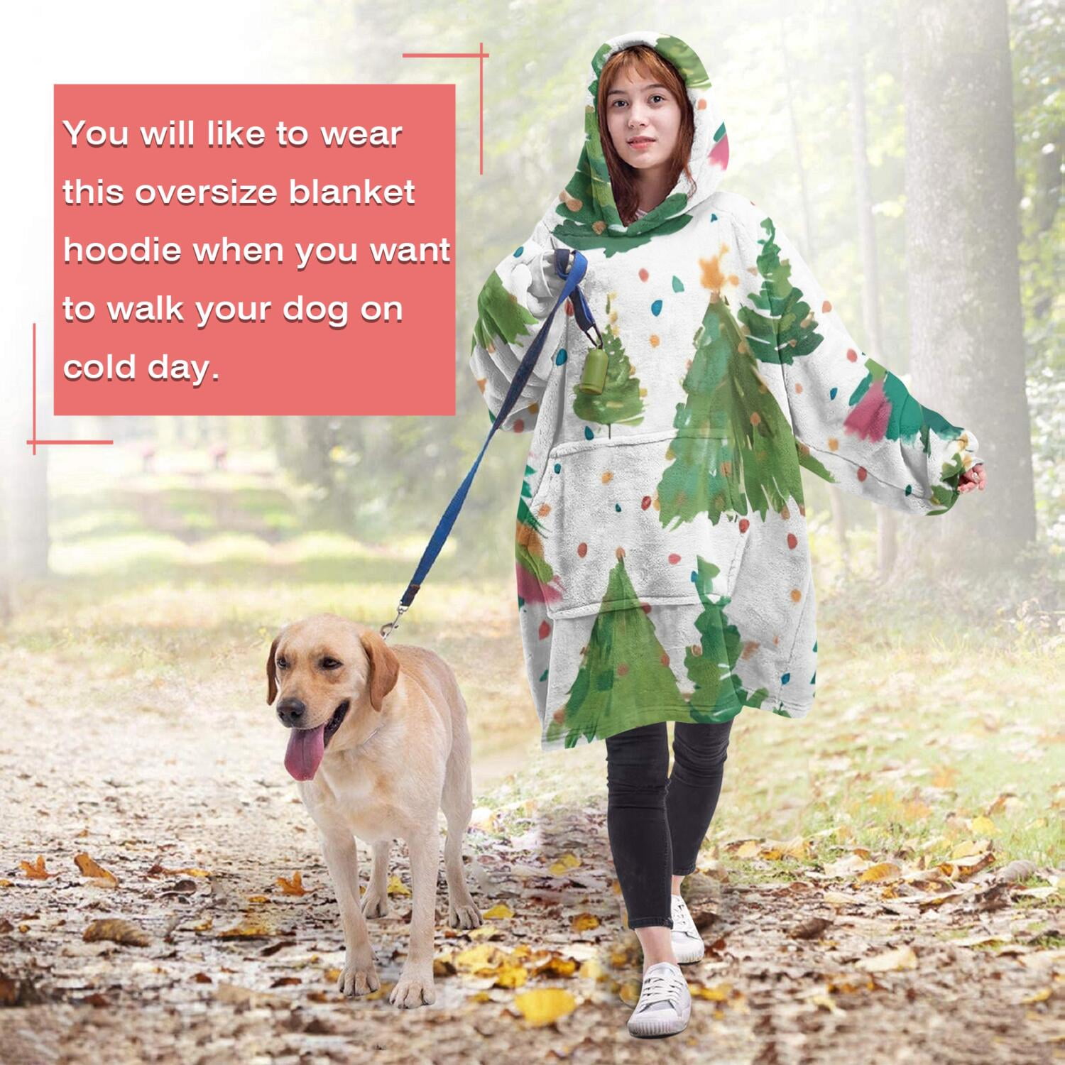Wearable Oversized Blanket,White Christmas Watercolor Tree Pattern Wearable Blanket Hoodie for Adults,Cozy Hooded Blankets with Super Pockets,Super Warm Fuzzy Pullover for Women & Men