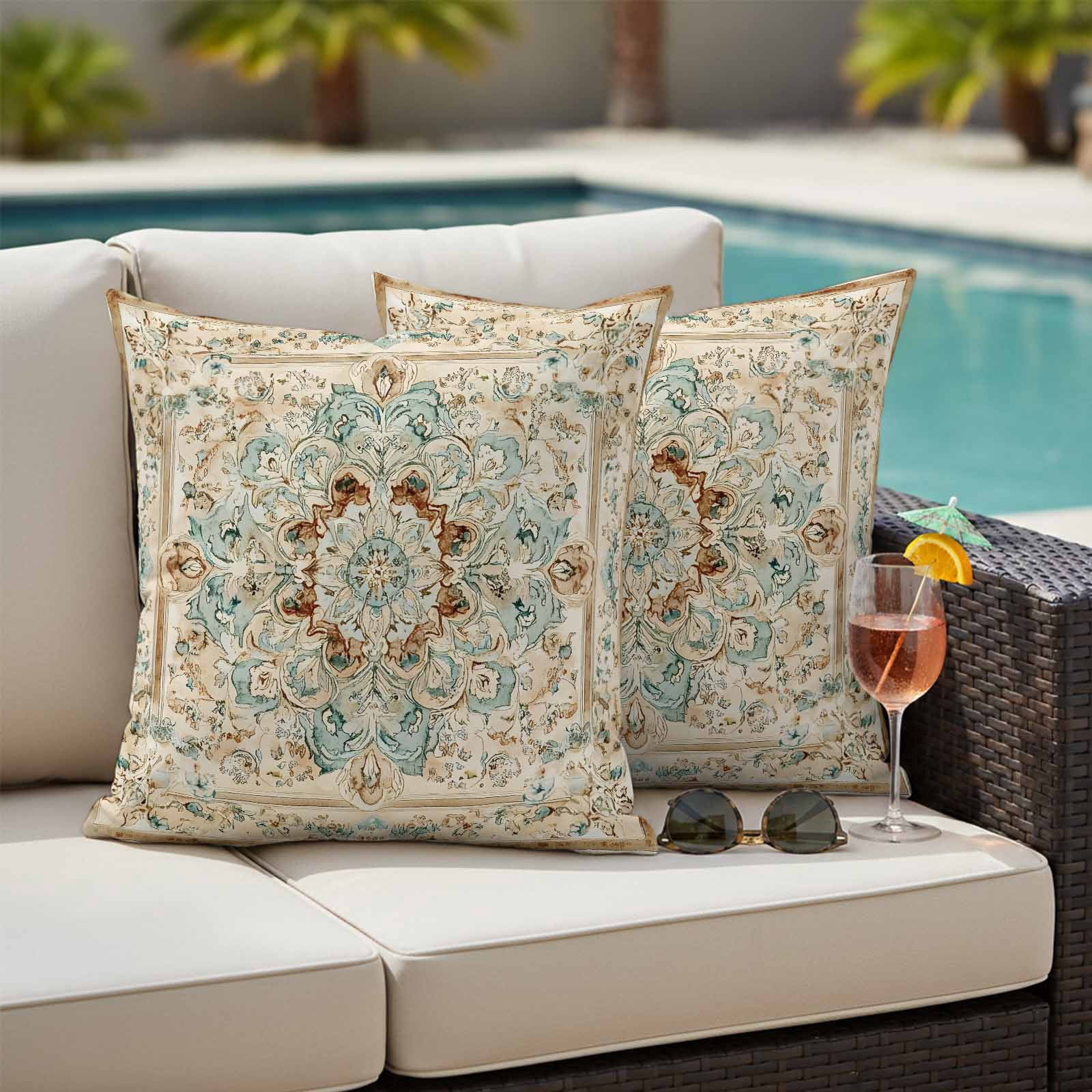 Sage Green Orange Floral Outdoor Waterproof Pillow Covers, Boho Vintage Botanical Ethnic Decorative Square Throw Pillowcase Sofa Cushion Sham for Patio/Couch/Chair, 16"x16" 2 Pack