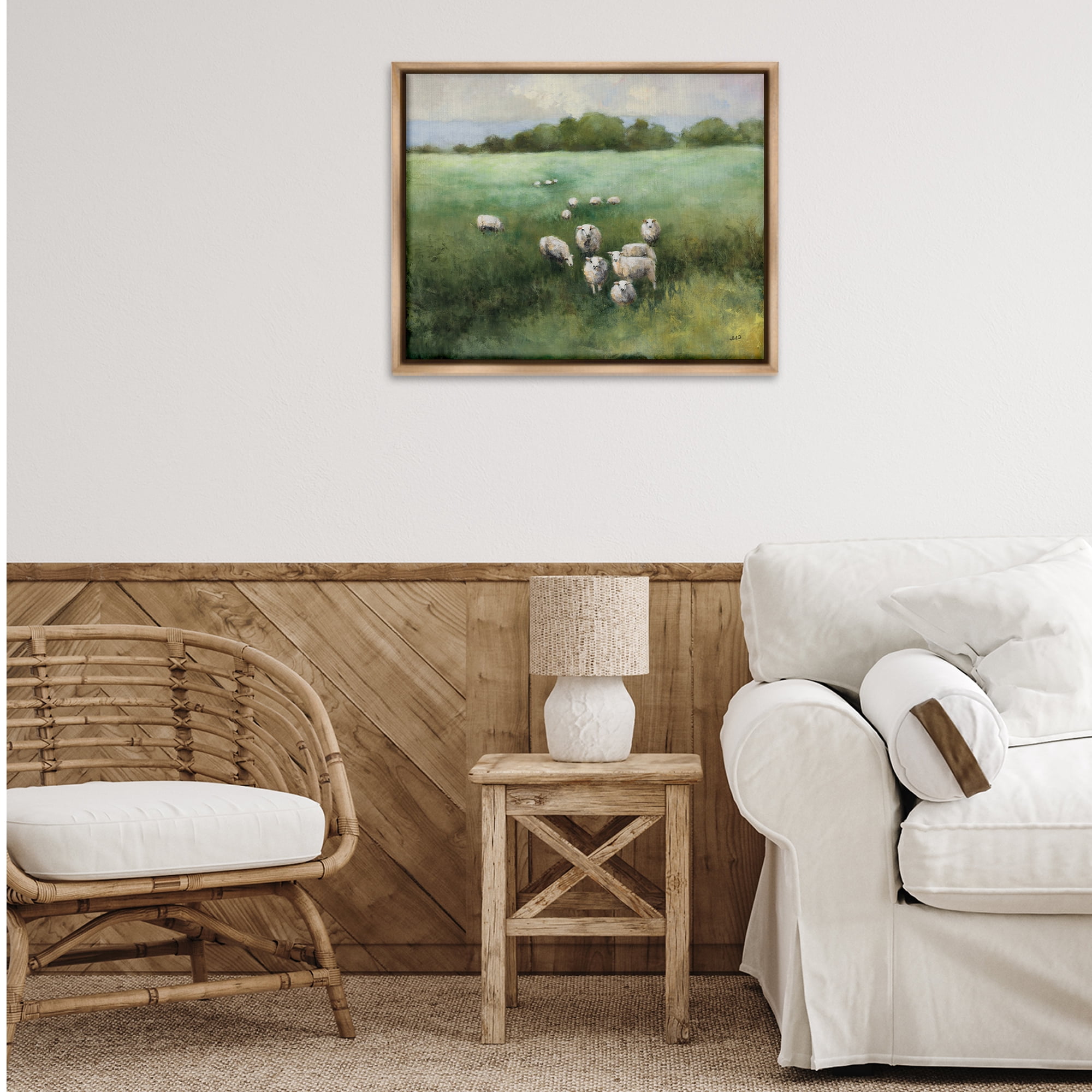 Stupell Industries Field Day Sheep Landscape & Nature Painting Brown Floater Framed Canvas Art Print Wall Art, 31 x 25