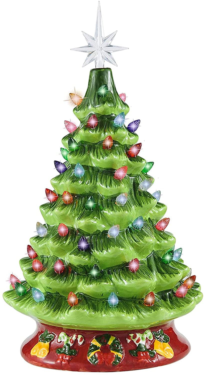 Joiedomi 15” Ceramic Christmas Tree with Red Base, Prelit Xmas Tree