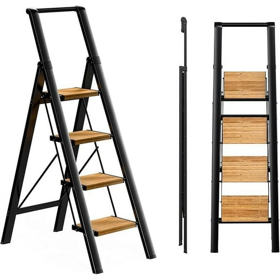 Step Ladder 4 Step Folding Stool with Anti-Slip Widened Sturdy Pedal and Handgrip, Portable Lightweight Aluminum Ladder for Home,Kitchen,300 lbs Capacity-Black Woodgrain