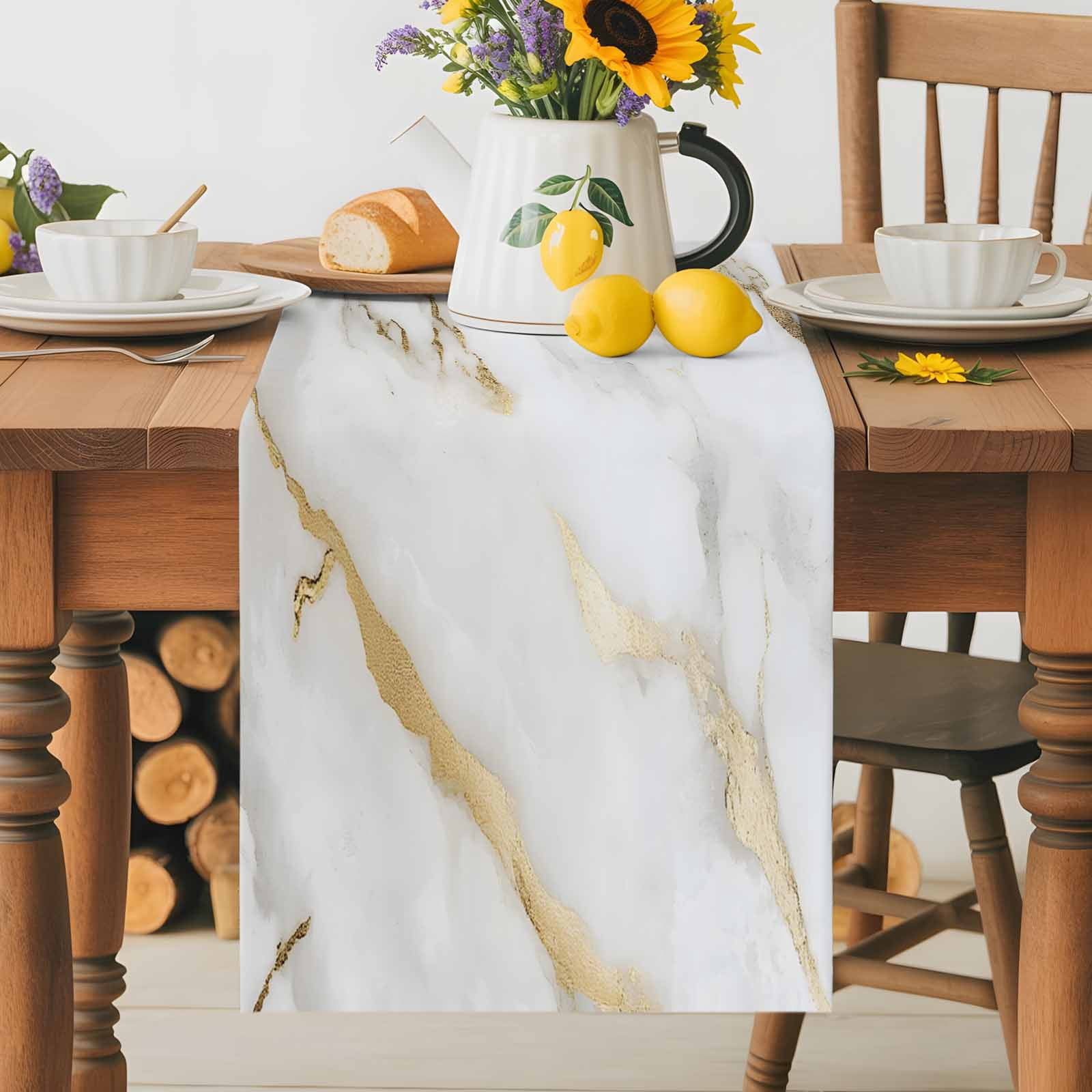 Modern Simple Marble Texture Table Runner 90 Inches Long, Abstract Golden Veins Table Runners Tabletop Scarf Kitchen Dining Tables Decoration for Home Party Indoor Outdoor