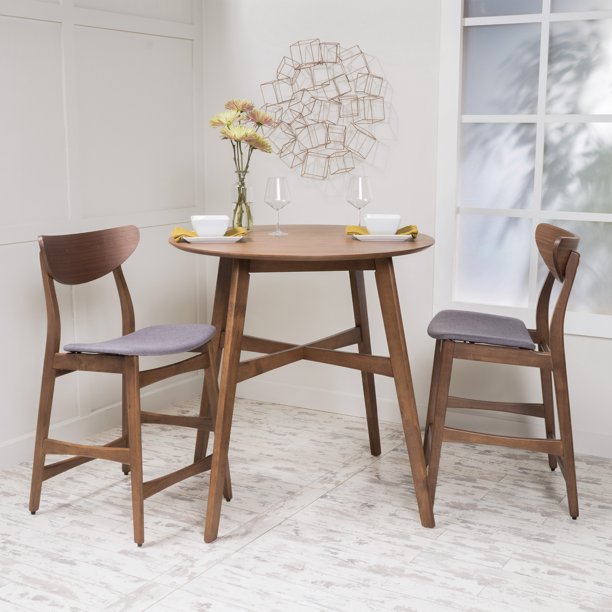 Noble House Mitchell 3 Piece Mid Century Modern Wood Counter Height Dining Set Walnut Grey