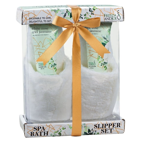 White Rose and Jasmine Bath and Body Gift Set with Robe and Slippers, Luxury Spa Shower Set, Relaxing Self Care Gift for Women Valentines Gift