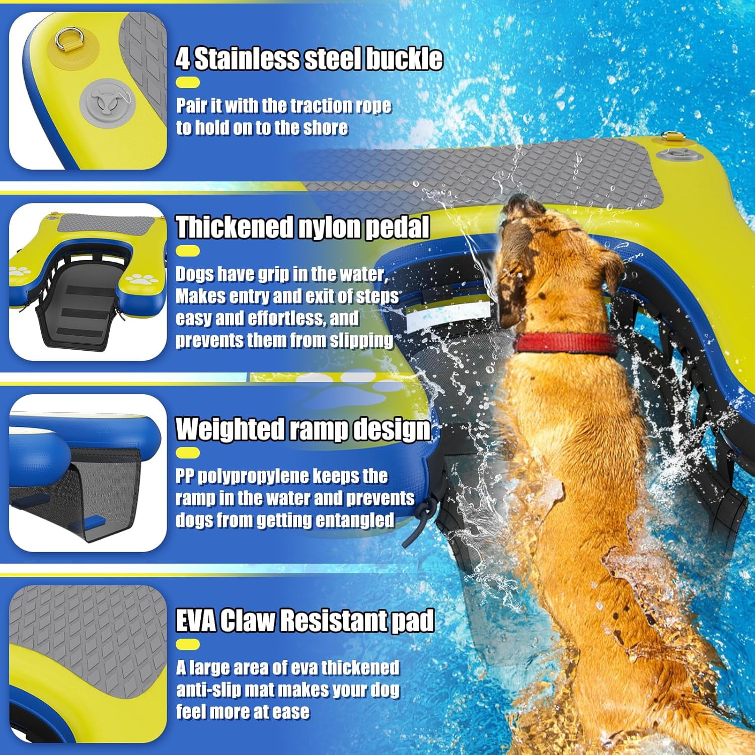 Inflatable Dog Pool Ramp Float Dock Platform for Large Dogs Up to 230 lbs, Dog Water Ramp Ladder with Non Slip Steps | Heavy Duty Floating Dogs Dock for Boat, Inground Above Ground Pool, Lake, River