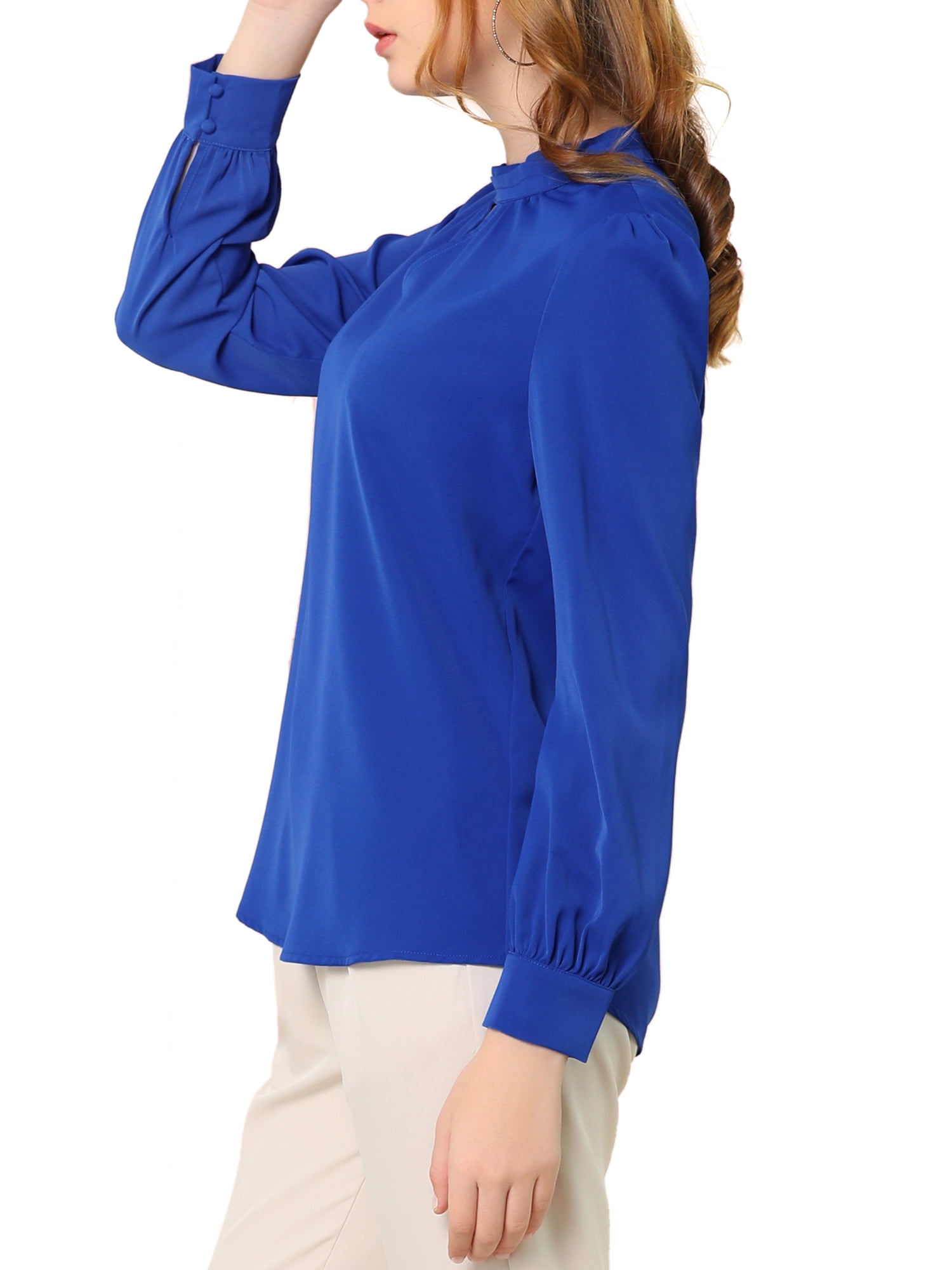 DARING DIVA Women's Stand Collar Long Sleeve Office Blouse S Royal Blue