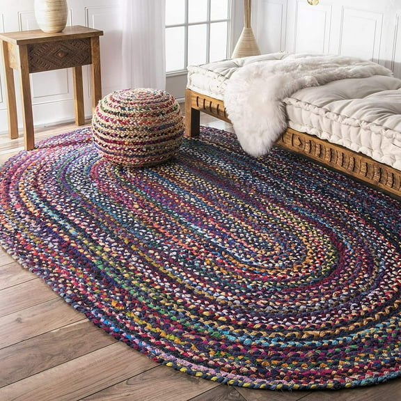 Indian Handmade Braided Blue Shade Multi Cotton Area Rug, Home Décor Rug, Jute Rug for Bedroom, Dining Room, living room, Doormat Rug Size - 9' x 12' Oval (270 cm x 360 cm)