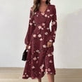 thumbnail image 2 of Women's Autumn Winter Casual Fashion V-Neck Long-sleeved Floral Print Long Dress, Burgundy, Size M, 2 of 5