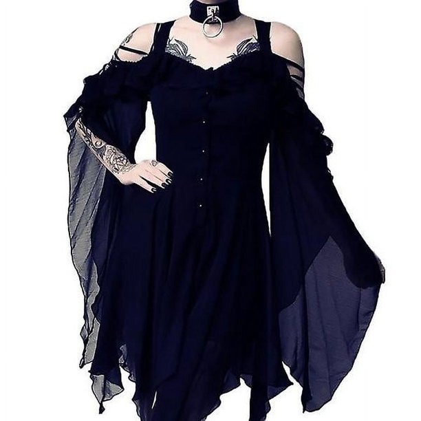 Vestido con botones irregulares y mangas con hombros descubiertos y tirantes de 5 colores y 8 tamaños de Halloween