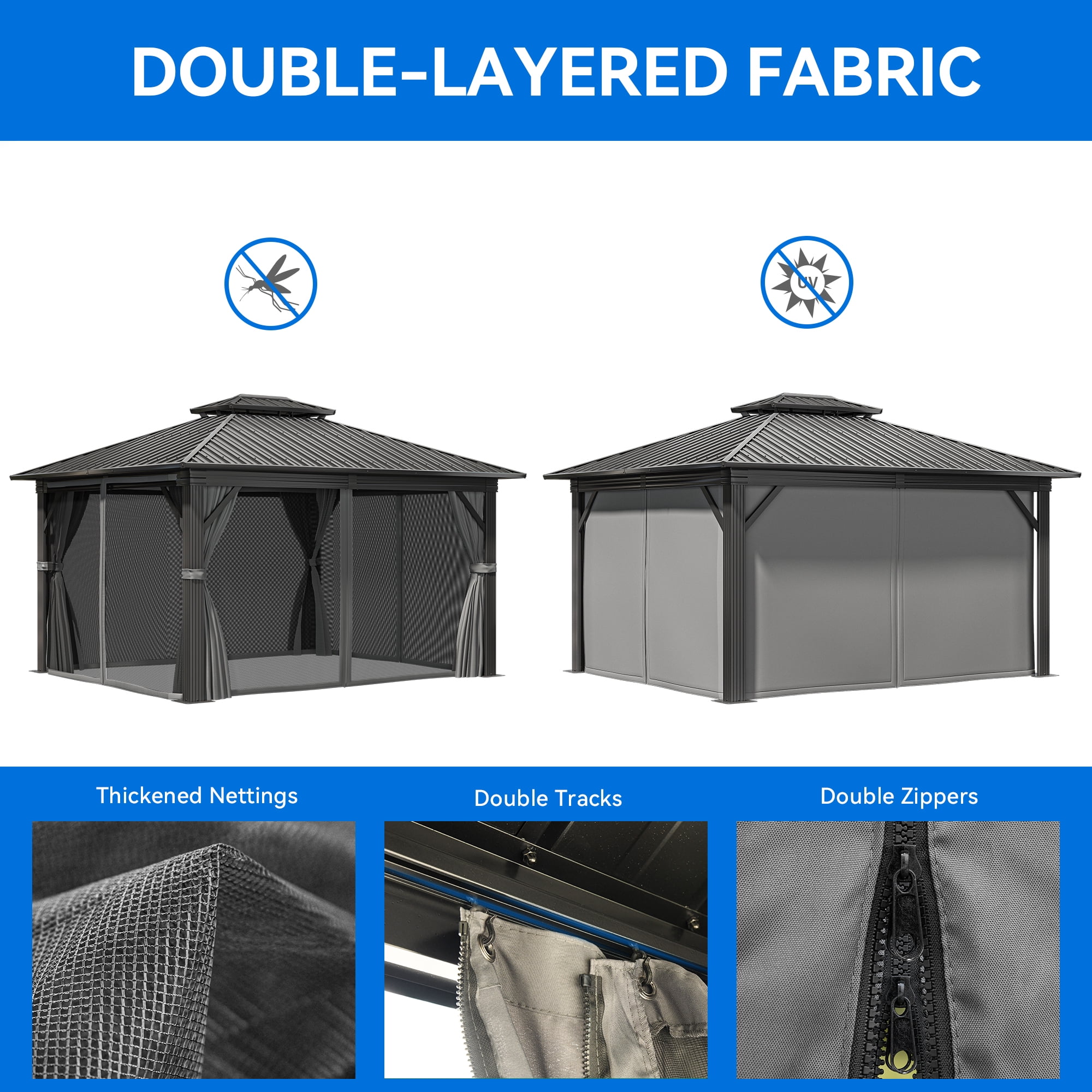 Dextrus 12x14ft Hardtop Gazebo with Nettings and Curtains, Heavy Duty Double Roof Galvanized Steel Outdoor Combined of Vertical Stripes Roof for Patio, Backyard, Deck, Lawns, Gray