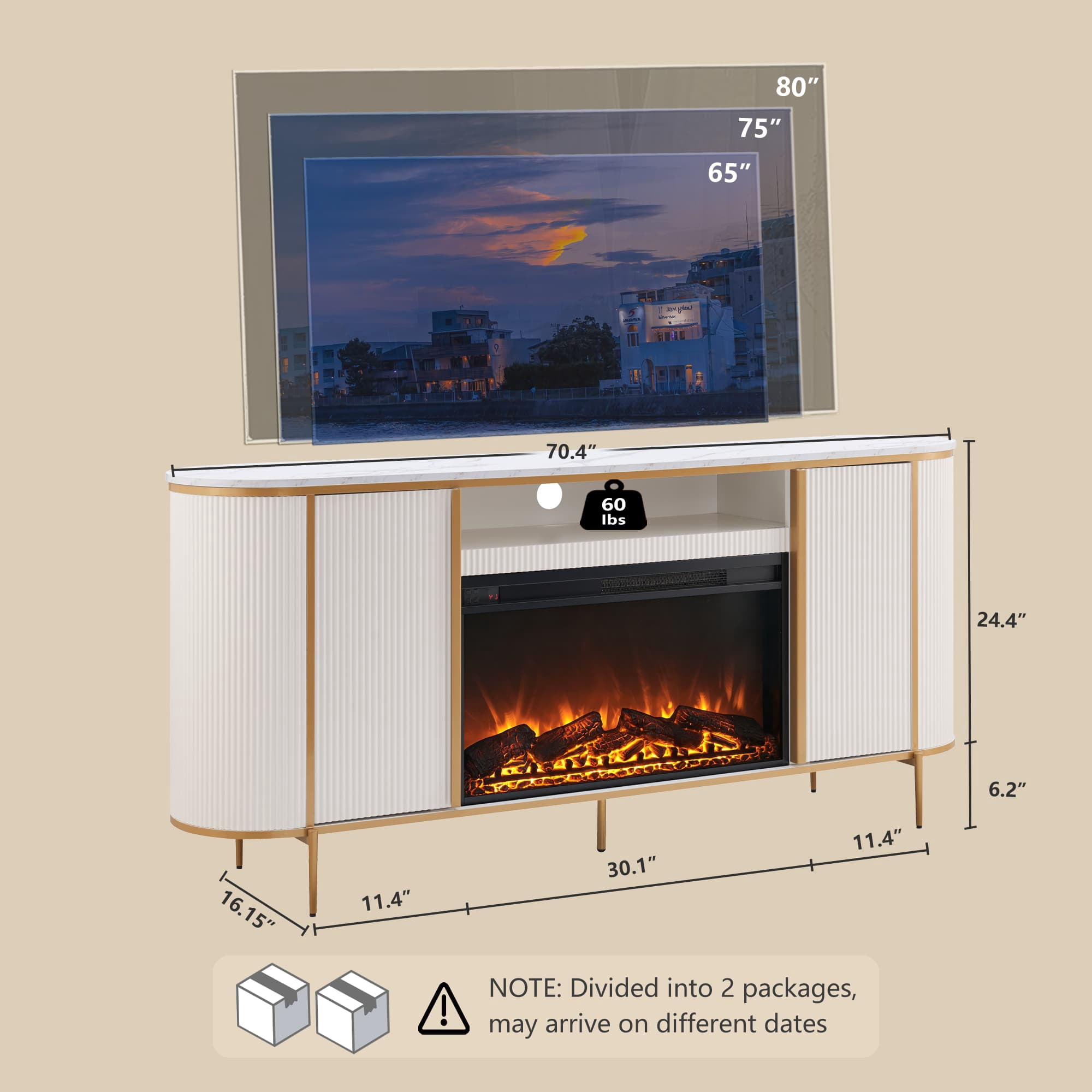 OKD 70" Fireplace TV Stand for TV up to 80", Modern Fluted Entertainment Center with Electric Fireplace, Media Console Table for Living Room - White