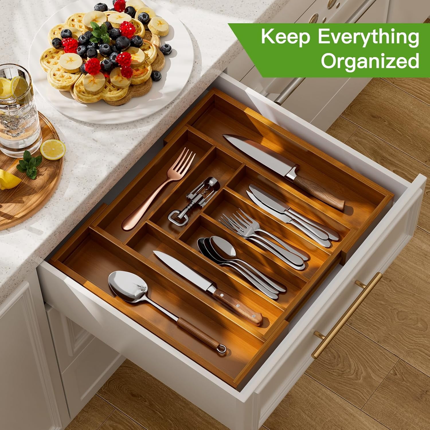 Bamboo Expandable Drawer Organizer for Utensils Holder, Adjustable Cutlery Tray, Wood Drawer Dividers Organizer for Silverware, Flatware, Knives in Kitchen, Bedroom, Living Room