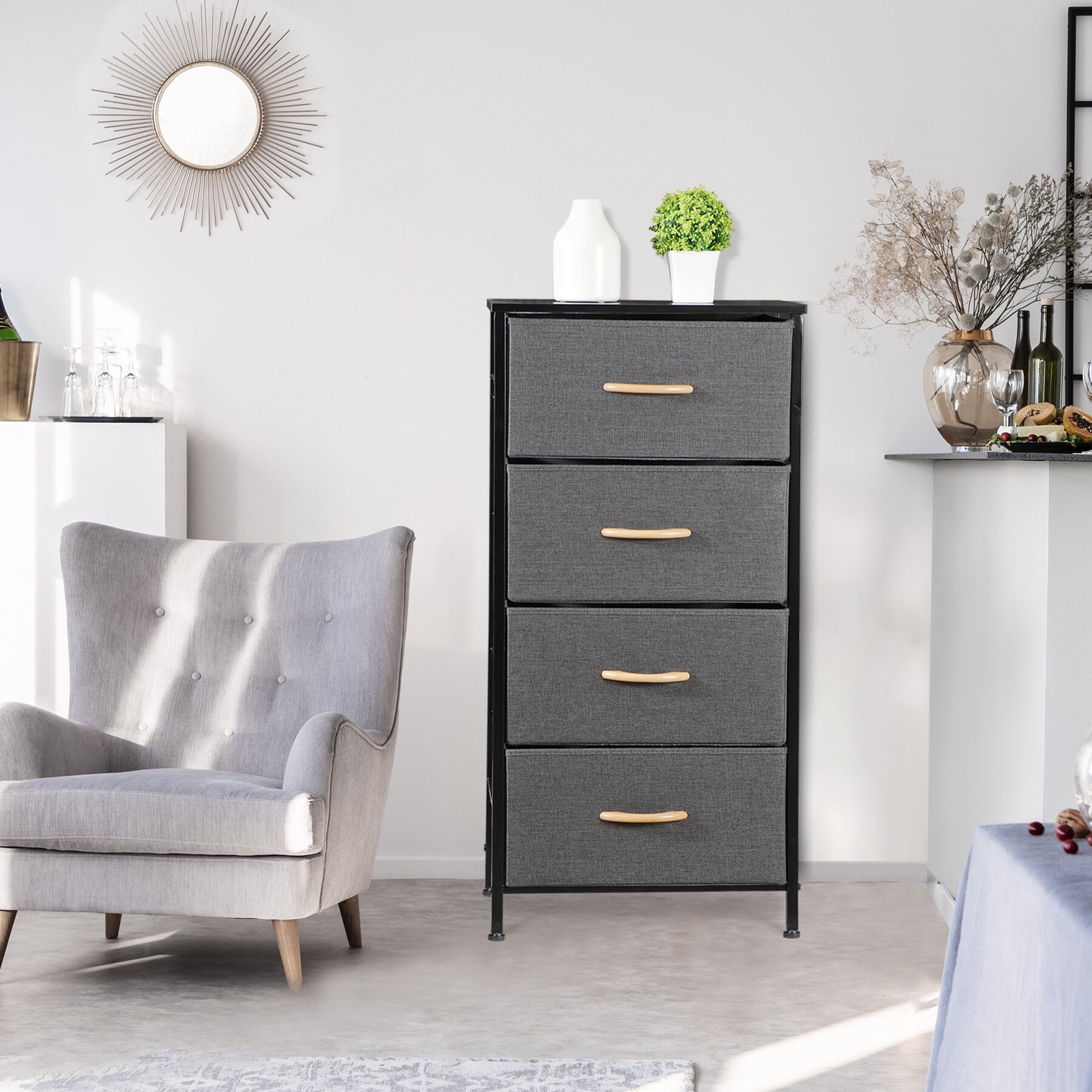HomGarden 4 Drawer Storage Dresser Adult Kids Vertical Fabric Chest of Drawers Organizer Gray