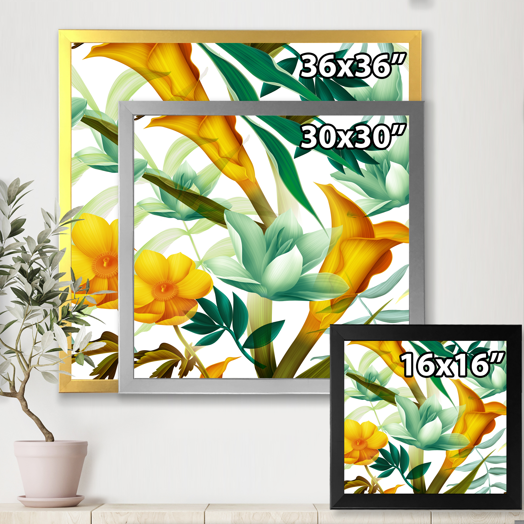 Designart 'Yellow Flowers and Tropical Foliage III' Modern Framed Art Print