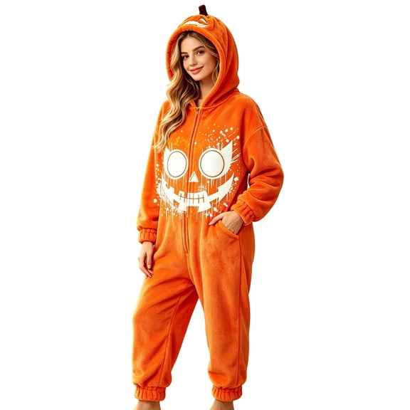 Muxikeji Clothes Adult Kid Halloween Jumpsuit Unisex Soft Cozy Single Piece Pumpkin Bodysuit Attire Fit All Gender Holiday Indoor Large Themed Gatherings Unisex Pumpkin One Piece Jumpsuit Bodysuit