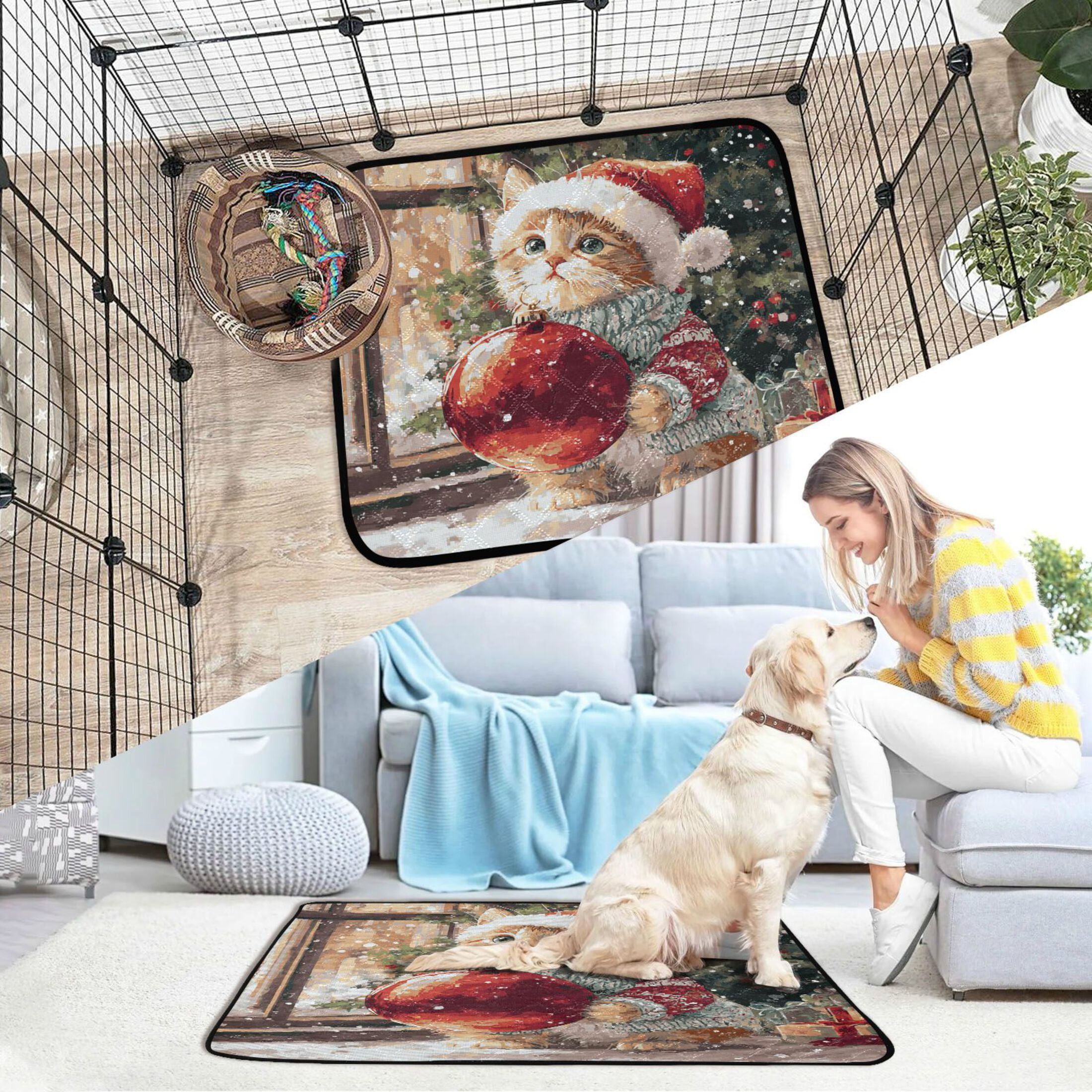 Qxltty Christmas Golden Tabby Cat Cat litter Pads Pet Set of 3 Diaper Mats Center Anti-leakage Layer Absorbent Soft and Comfortable
