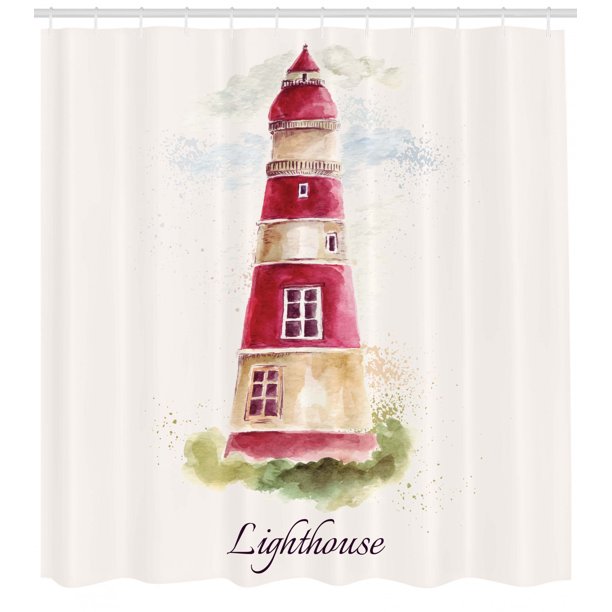 Lighthouse Decor Shower Curtain Set, Watercolor Lighthouse Print Pastel