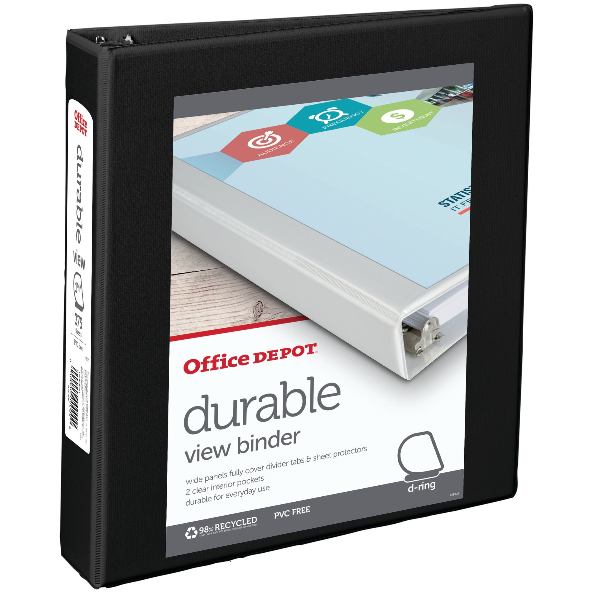 Office Depot® Brand Durable View D-Ring Binder, 1 1/2' Rings, 39% Recycled, Black