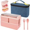 thumbnail image 1 of 1400ml Lunch Box with 3 Compartments (Powder)- 2 Layer Bento Box with Bag and Insulated Cutlery, Meal Prep Container Box for Adults Students Kids, 1 of 5