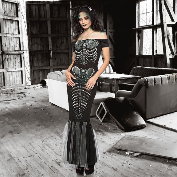 HOWPAY Halloween Costumes For Women Skeleton Mermaid Dress Off Shoulder Bar Party Outfit Spooky Role Play Fancy Gown For Masquerade Event Halloween Costume L