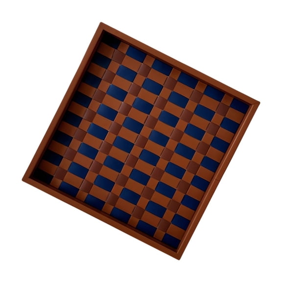 Convenient Blue Gold Brown Checkered Handwoven Saddles Leather Serving Tray Multipurpose Decorative Holder