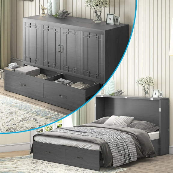 Mjkone Queen Size Murphy Bed ,Murphy Bed Chest with USB/AC Charging Ports,Cabinet Bed with Storage Drawers,Solid Wood Pull Out Bed Cabinet with Mattress for Bedroom, Guest Room, Apartment,Grey
