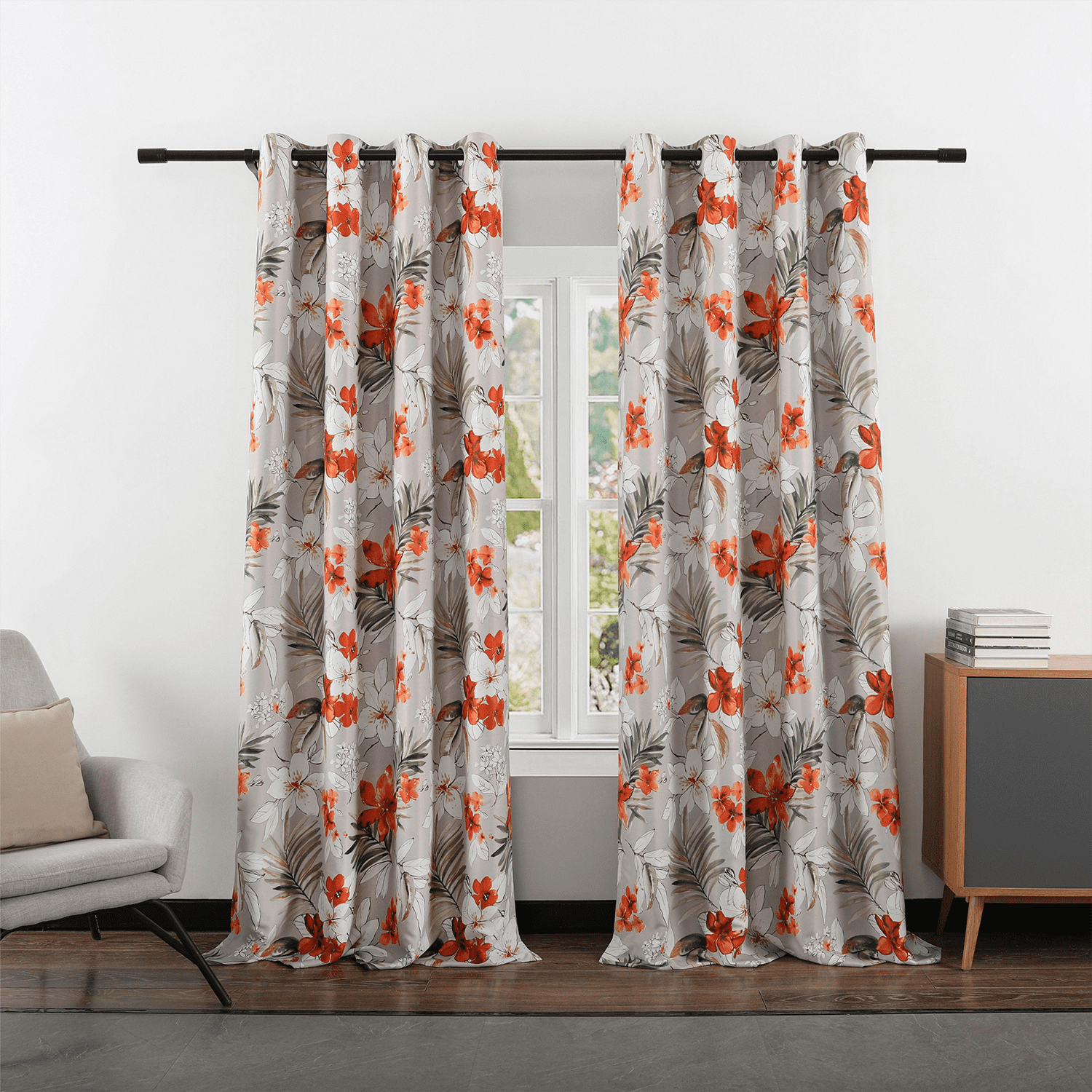 VOGOL Modern Orange Floral Pattern Print Unlined Thermal Insulated Window Curtain Drapes for Living Room Sliding Door, Grommet Top, 2 Panels, W52xL96 Inch