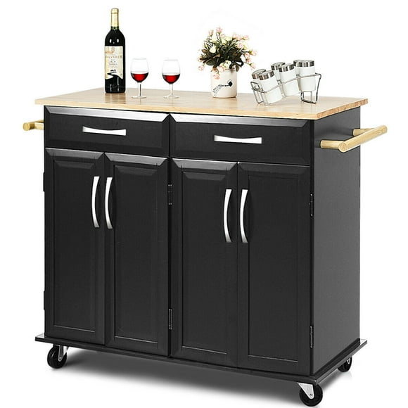 Rolling Kitchen Trolley Island Cart Wood Top Storage Cabinet Utility w/ Drawers