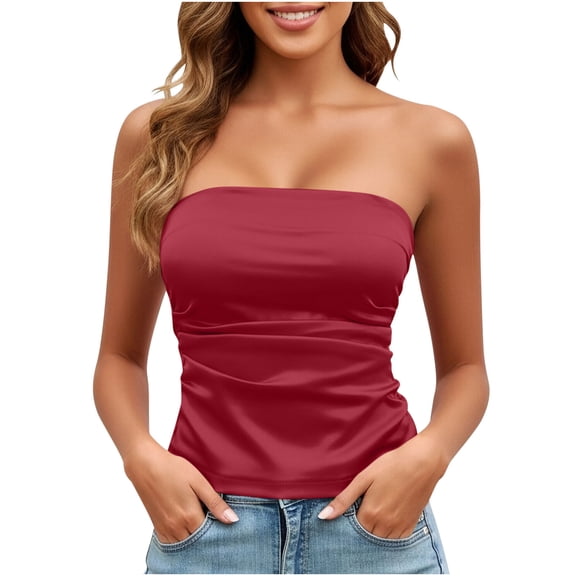 CHUMUD Womens Strapless Tube Tops Basic Ruched Crop Top Sleeveless Backless Bandeau Tanks Going Out Sexy Shirts