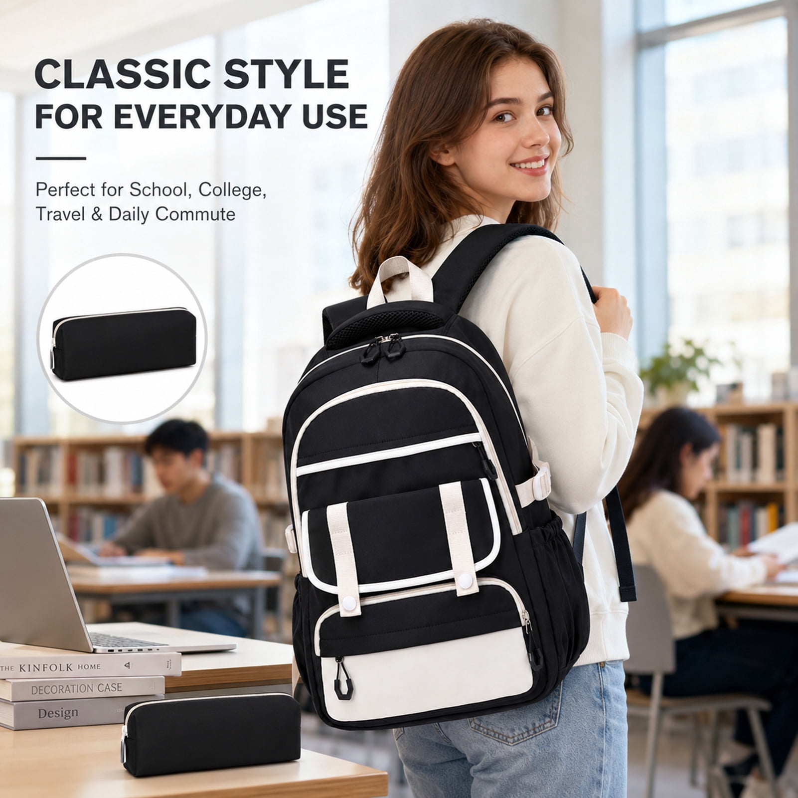 Women's Backpack - 18" Black and White Large Capacity Casual Backpack, Nylon Material, Multiple Compartments, Adjustable Shoulder Straps, Basic Backpack with Coin Pocket
