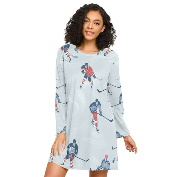 FORMRS Womens Long Sleeve Nightgowns Crew Neck Sleep Shirt Soft Pajamas Sizes S-3XL, Hockey Action Zone
