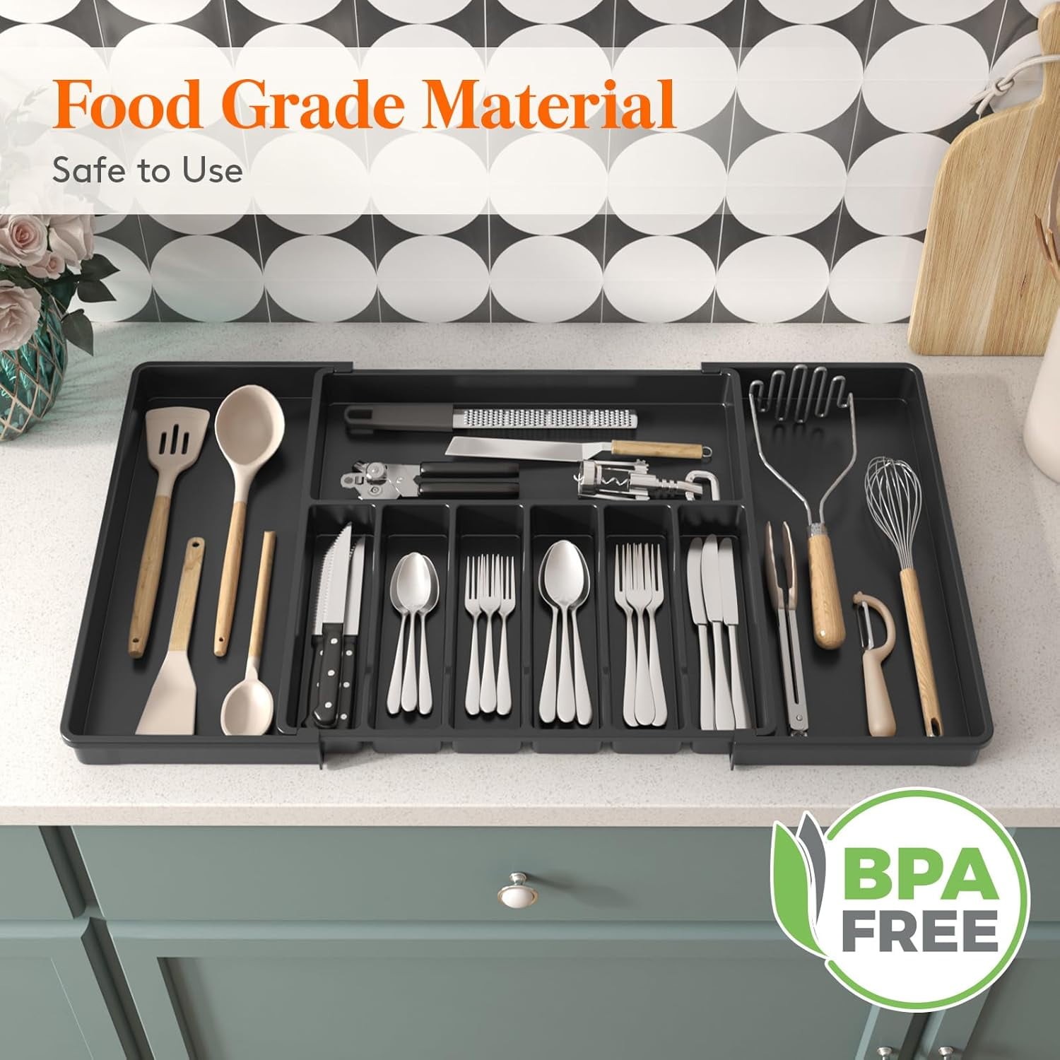 Silverware Drawer Organizer, Expandable Utensil Tray for Kitchen, BPA Free Flatware and Cutlery Holder, Adjustable Plastic Storage for Spoons Forks Knives, 8.5-14 x 12", Black