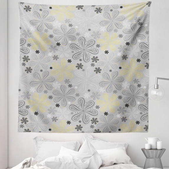 Grey Tapestry, Bohem Style Paisley Print Flowers Dots Art Image, Fabric Wall Hanging Decor for Bedroom Living Room Dorm, 5 Sizes, Pale Grey White, by Ambesonne
