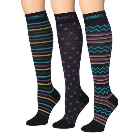 

Ronnox Compression Socks for Men & Women Colorful Patterned Knee High Socks (16-20 mmHg / 12-14 mmHg) 3-Pairs