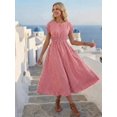 thumbnail image 5 of Womens Red Striped Ruched Waist Short Sleeve Vacation Midi Sundress, 5 of 5