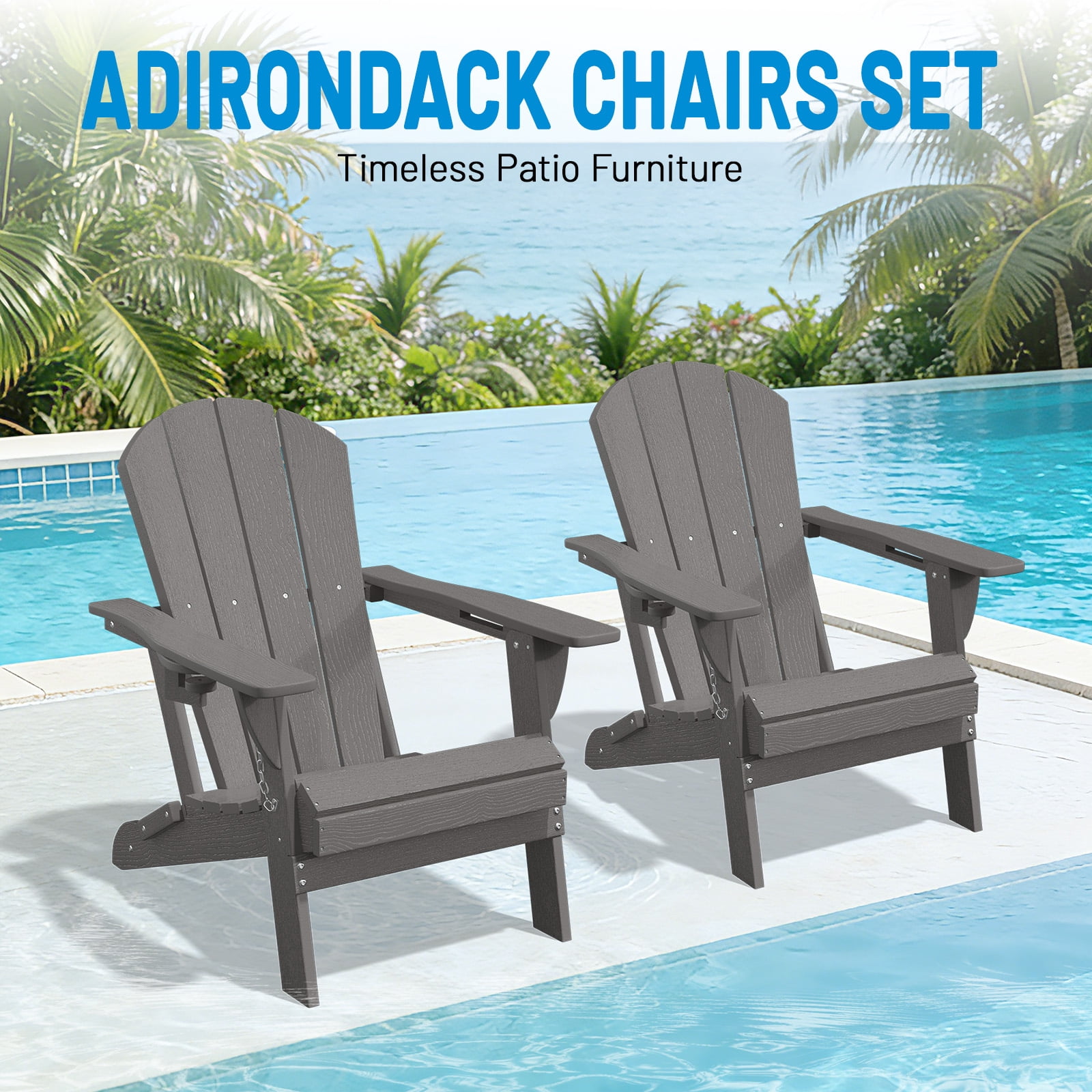 Easthome Adirondack Chair Set of 2, HDPE All-Weather Patio Chairs with Cup Holder & 380lb Capacity, Outdoor Lawn Chairs for Deck, Garden, Poolside, Patio - Gray