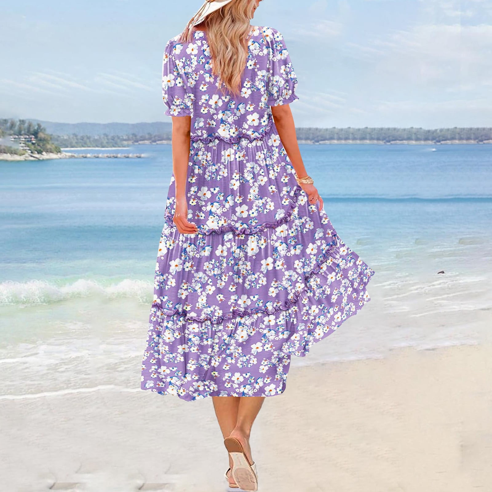 Hvot&aat Women Summer Casual Bohemian Floral Dresses Puff Short Sleeve Tiered Ruffle Flowy Swing Dress