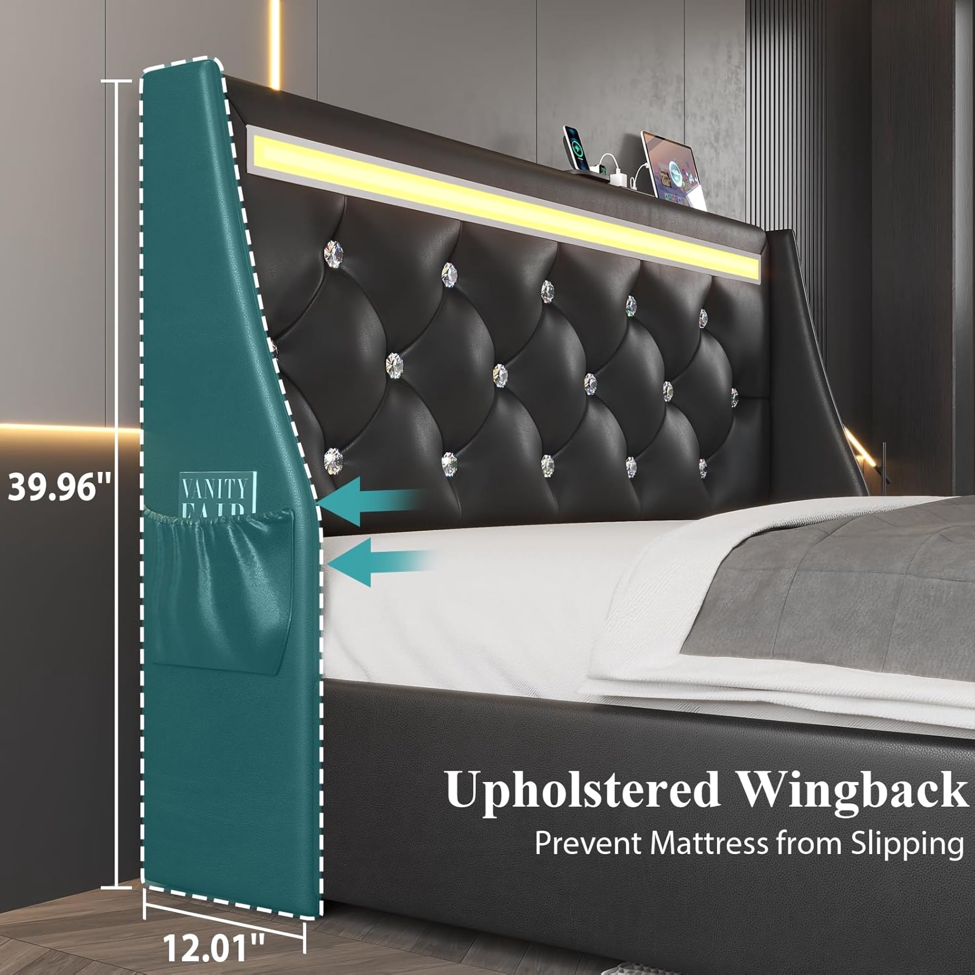 Leumius Full Size Bed Frame with LED Lights and Charging Station,2 Storage Drawers, Faux Leather Upholstered Platform Bed with Wingback Diamond Headboard,Easy Assembly, No Box Spring Needed,Black