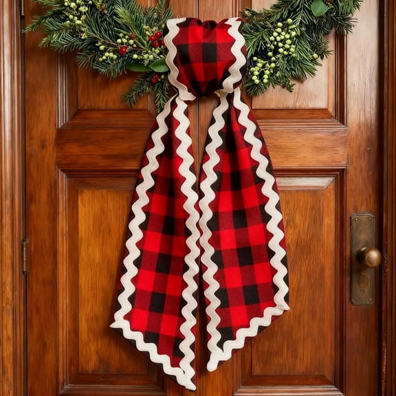 Plaid Wreath Sash with Wavy Scalloped Edge, 54 Inch Fabric Decorative Tie for Front Door Garland, Reusable Sash for Wedding Christmas Easter