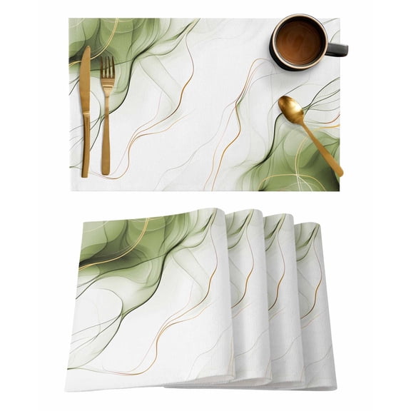 Placemats Set of 8, Marble Sage Green Woven Placemat, Linen Place Mats for Kitchen/Dining Tables, Gold White Modern Gradient Ocean Wavy Washable Table Mats for Party