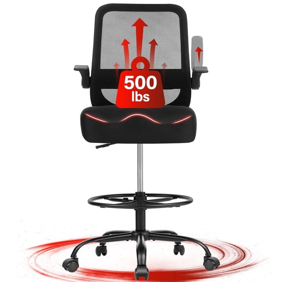 JONPONY 500lbs Tall Office Chair, ergonomic office chairs with Comfy Deep W-Shape Thicken Cushion, Adjustable Lumbar Support & Footrest Ring and Flip-Up Arms, Breathable Mesh Standing tall Desk Chair