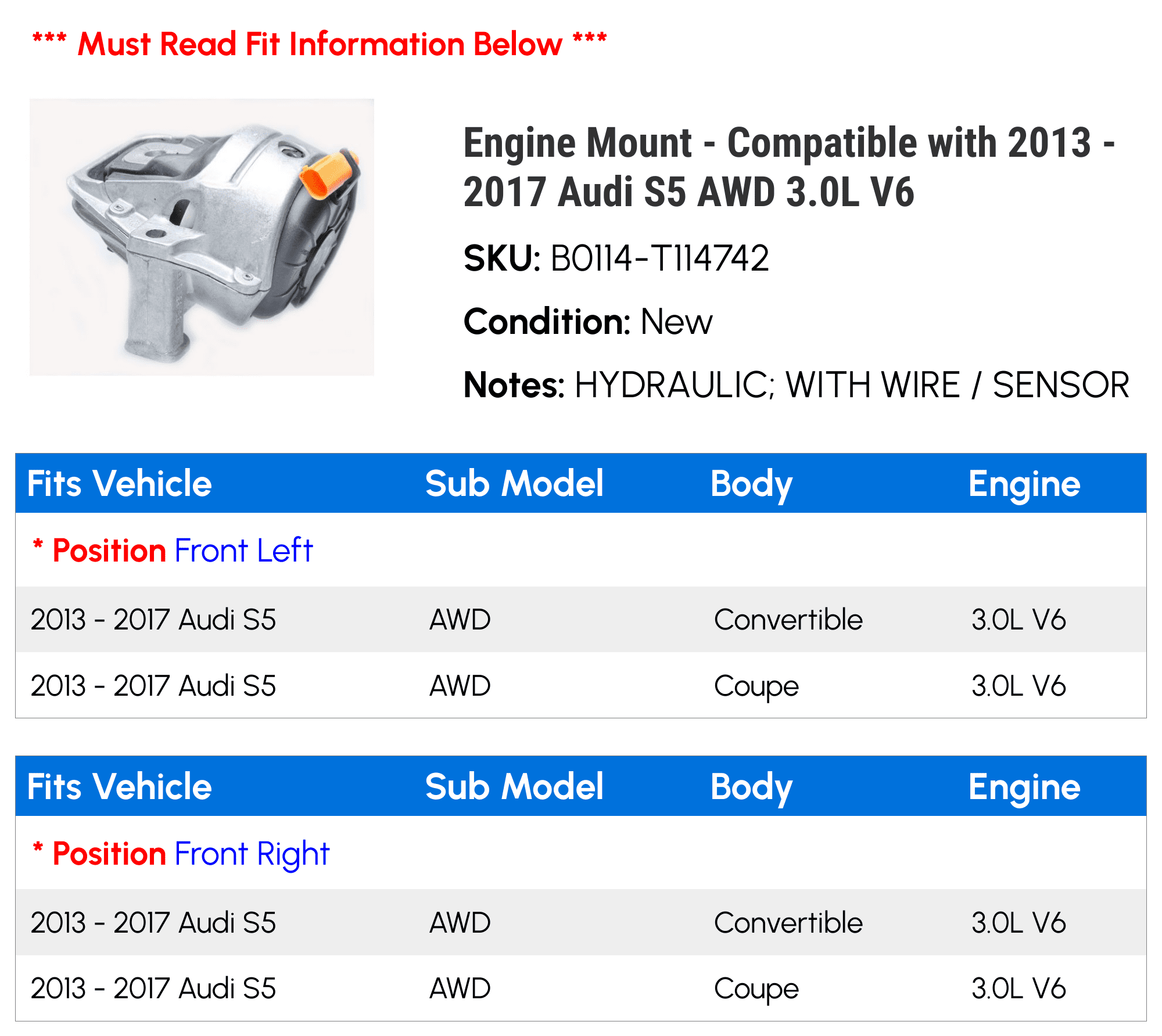 Engine Mount - Compatible with 2013 - 2017 Audi S5 AWD 3.0L V6 2014 2015 2016