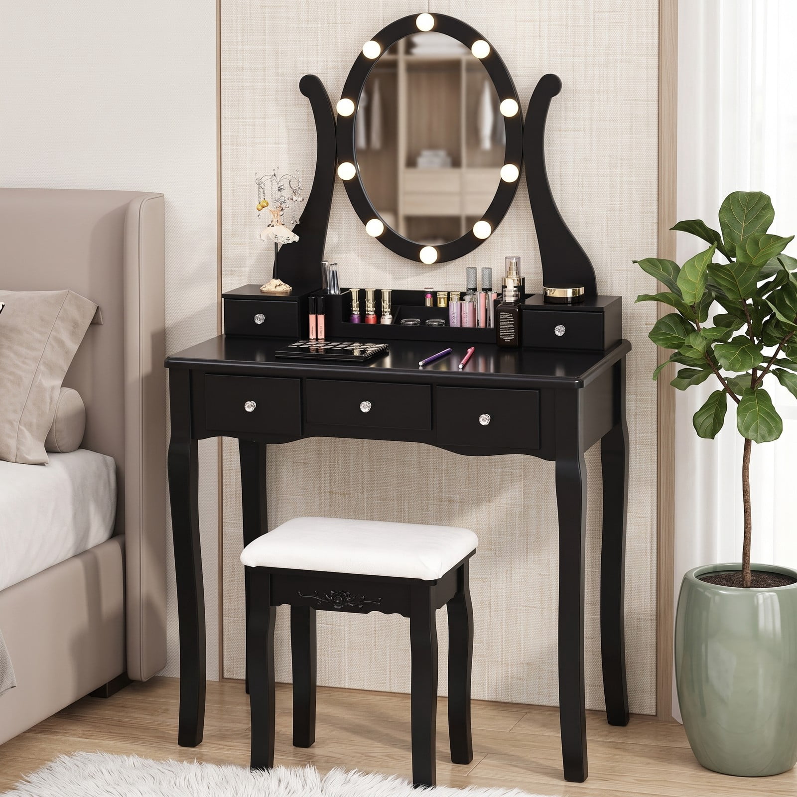 Furnibear Vanity Table Set with 10 Dimmable Light Oval Mirror and Cushioned Stool and 5 Drawers for Bedroom Makeup and Dressing, Black