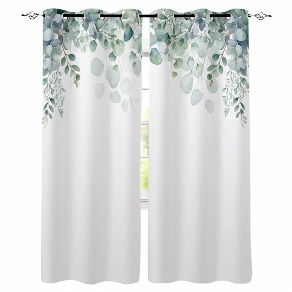 Green White Eucalyptus, Blackout Curtains 54 Inches Long for Bedroom, Watercolor Leaves Simple White Thermal Insulated Room Darkening Black Out Window Curtain Panels Grommet Drapes for Living Room