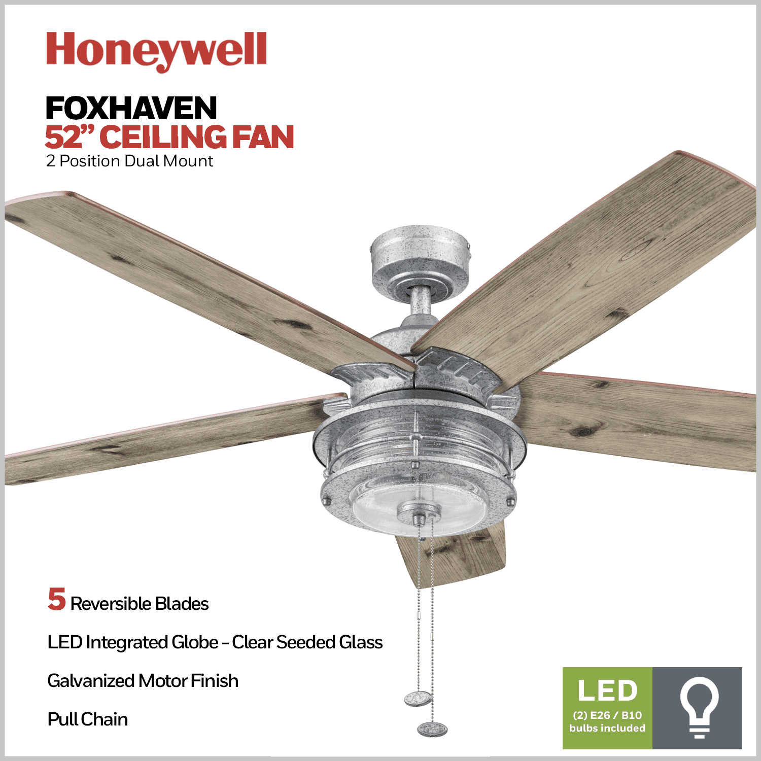 Prominence Home Foxhaven 52" Galvanized Farmhouse Ceiling Fan with 5 Blades, Lantern Style Light Kit & Pull Chains