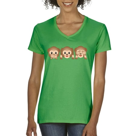 Speak No Evil Monkey T-shirt - New Way 101 - Women's V-Neck T-Shirt 3 Emoji Monkeys See Hear Speak No Evil