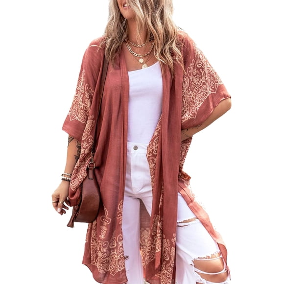 Kimono tipo cárdigan con estampado vintage Sandía Picante para cubrir traje de baño