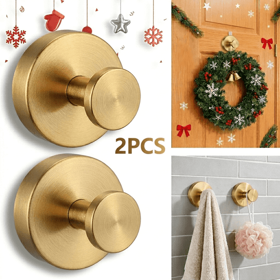 DualFerv 2 Pack Brushed Gold Suction Cup Hooks, Stainless Steel Waterproof No-Drill Vacuum Hooks for Hanging Towels & Robes in Bathroom Shower, Removable for Glass Surfaces