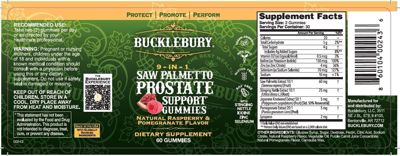 9-in-1 Saw Palmetto Gummies for Prostate and Urinary Support - Natural Raspberry and Pomegranate Flavour Plant-Based Dietary Supplement for Bladder Emptying and Hair Loss - 60 Gummies