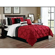 Grand Linen 7 Pieces Full Size Burgundy Red/Black/White Double-Needle Stitch Pinch Pleat All-Season Bedding-Down Alternative Embroidered Comforter Set
